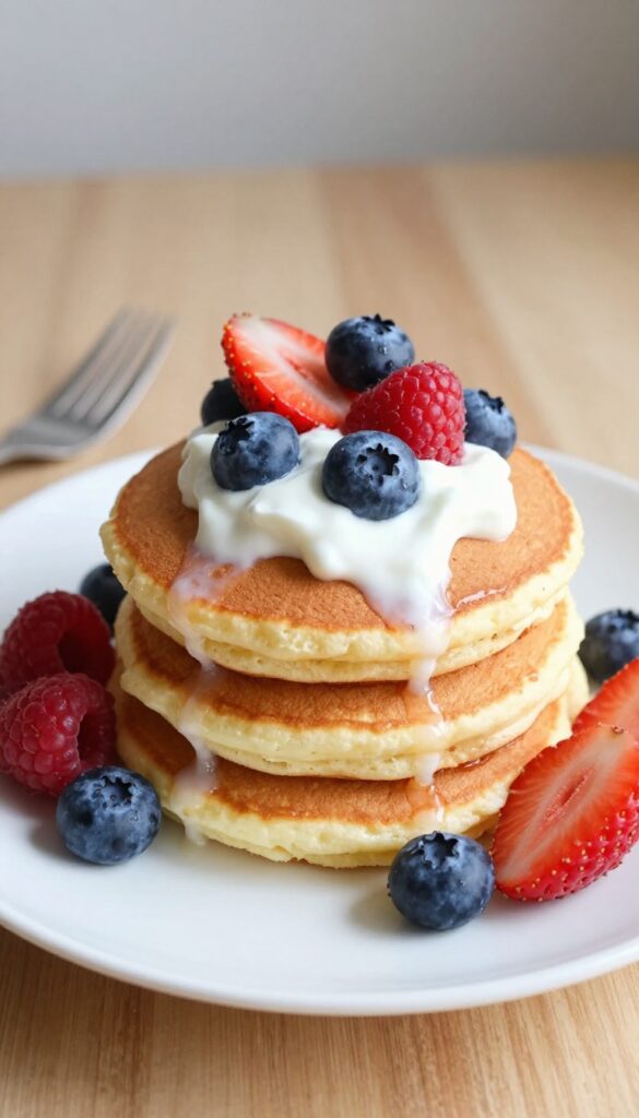Cottage cheese pancakes topped with Greek yogurt and fresh berries on a plate