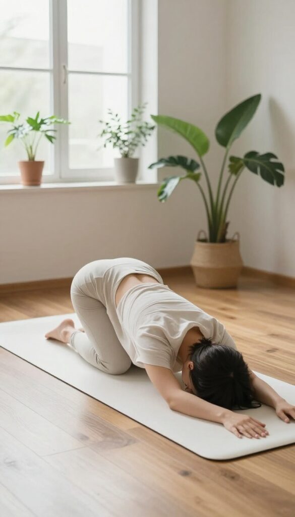 Person doing gentle yoga stretch on mat in bright, minimalist room