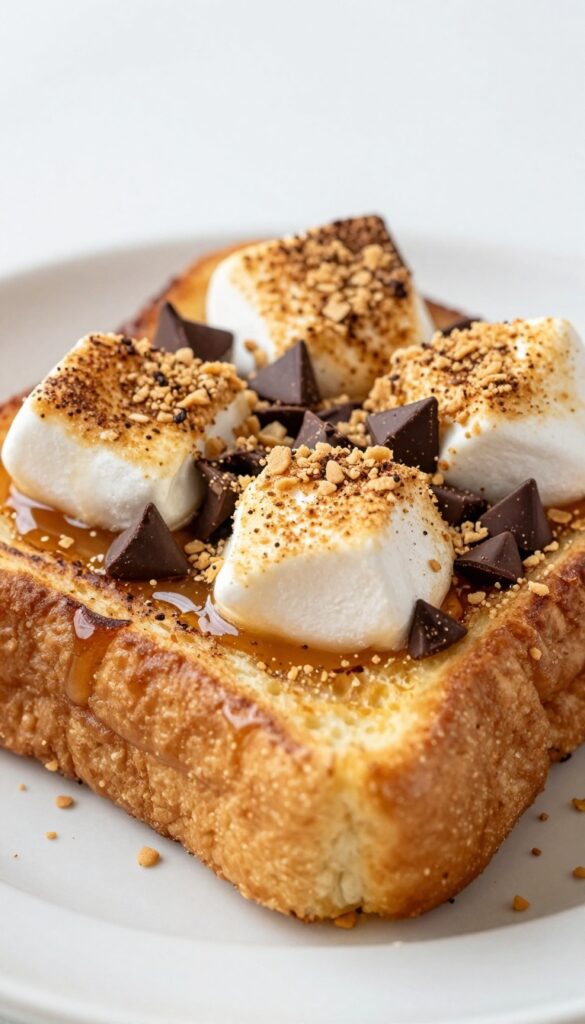 S'mores French toast topped with toasted marshmallow fluff, melted chocolate chips, and crushed graham crackers on a plate.