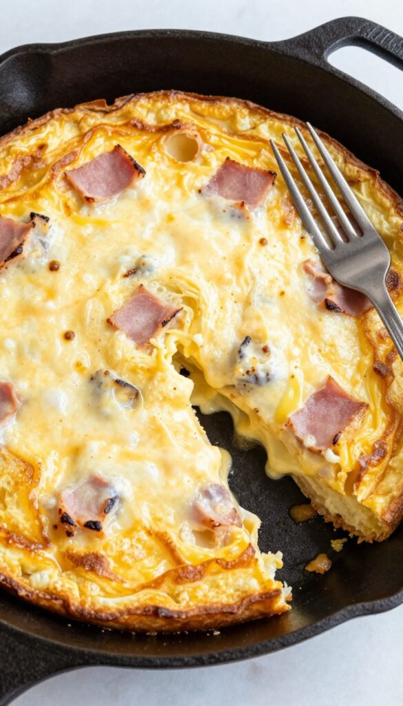 Ham and Swiss cheese frittata in a cast-iron skillet, golden and puffed, with a fork on the side.