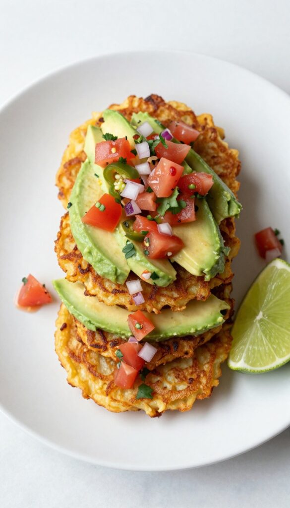 Crispy hash brown stacks with avocado and salsa on a white plate
