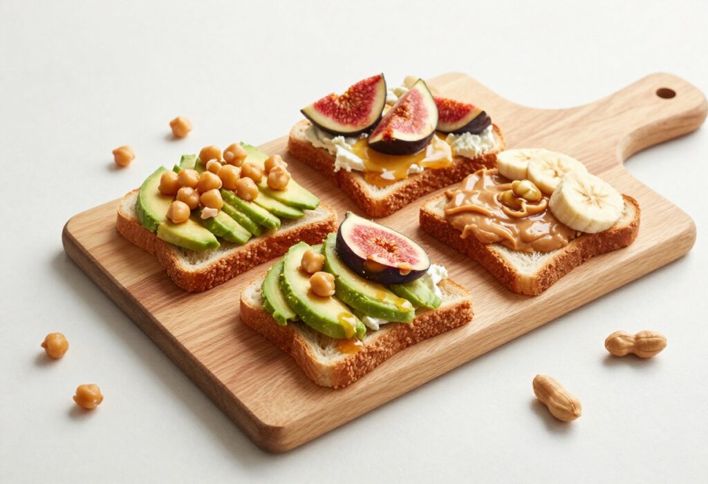Assorted toast breakfast ideas with sweet and savory toppings on a wooden board.