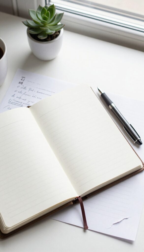 Open planner on a white desk with a pen, torn notes, coffee, and succulent in natural light.