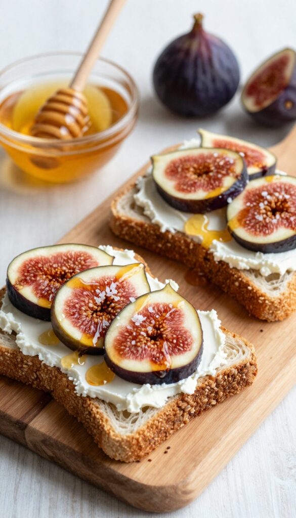 Fig and honey toast on a wooden board with fresh and dried figs.