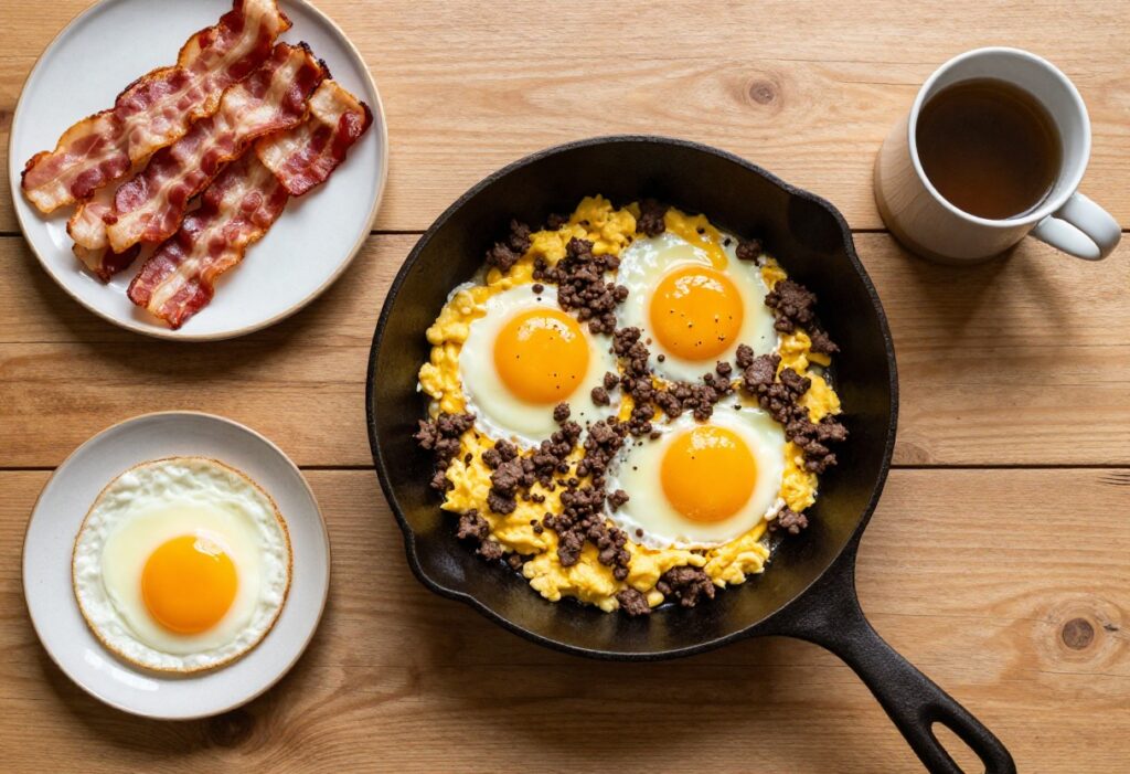 Carnivore diet breakfast spread with eggs, ground beef, bacon, and bone broth on a wooden table.