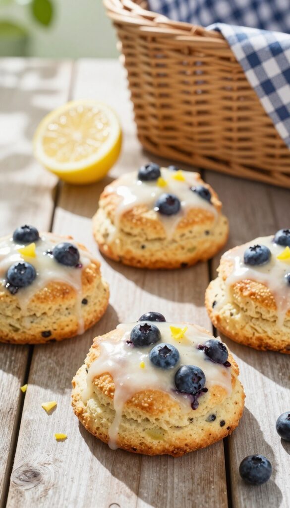 Blueberry lemon scones with glaze on a wooden picnic table in soft morning light
