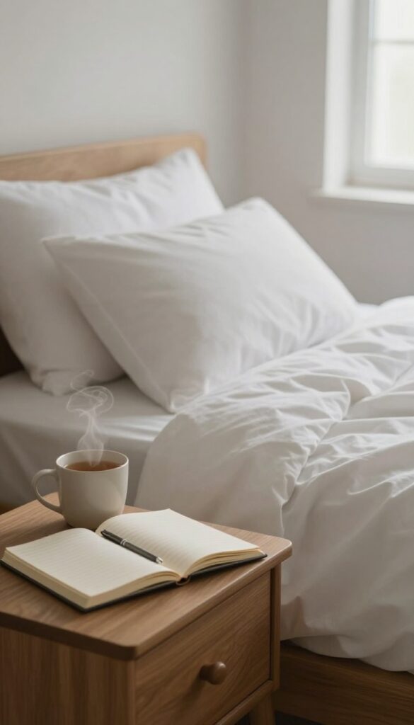 A cozy bedroom scene with a notebook and pen on a nightstand, a mug of tea, and a bed in soft focus.