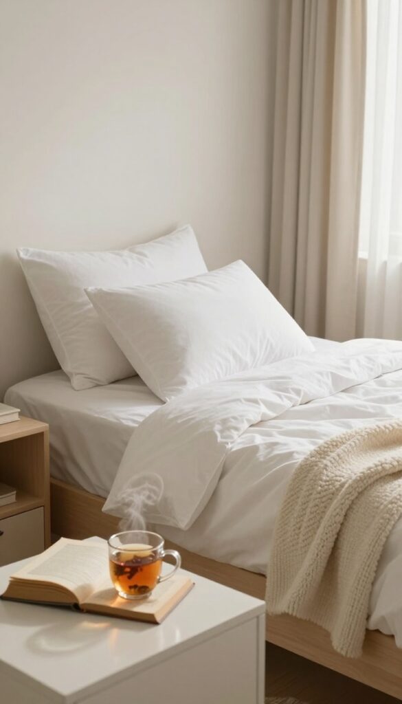 A cozy, calm bedroom setup for winding down, with a book and tea on the nightstand, suggesting an early bedtime routine.