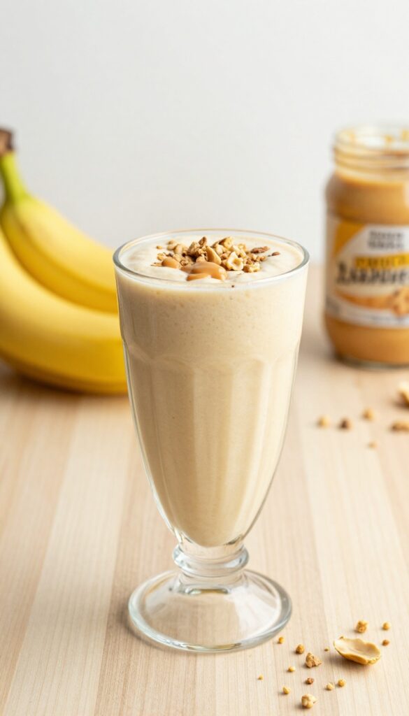 Creamy peanut butter banana smoothie in a glass with peanut butter drizzle and granola topping on a wooden table