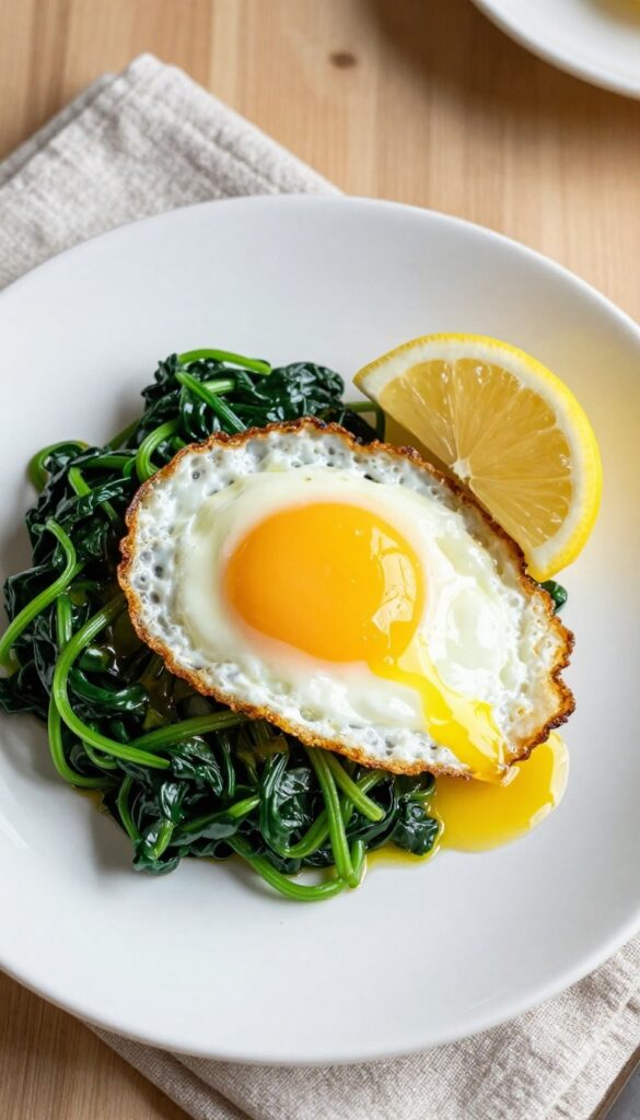 Sautéed greens with a fried egg on a white plate, garnished with a lemon wedge, in natural light.