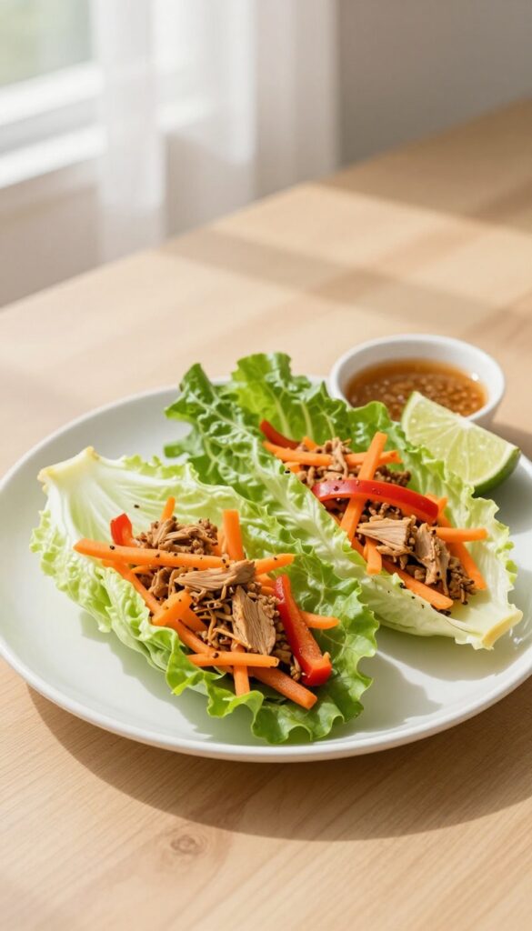 Turkey lettuce wraps on a plate with shredded carrots and bell peppers, served with soy sauce and lime.