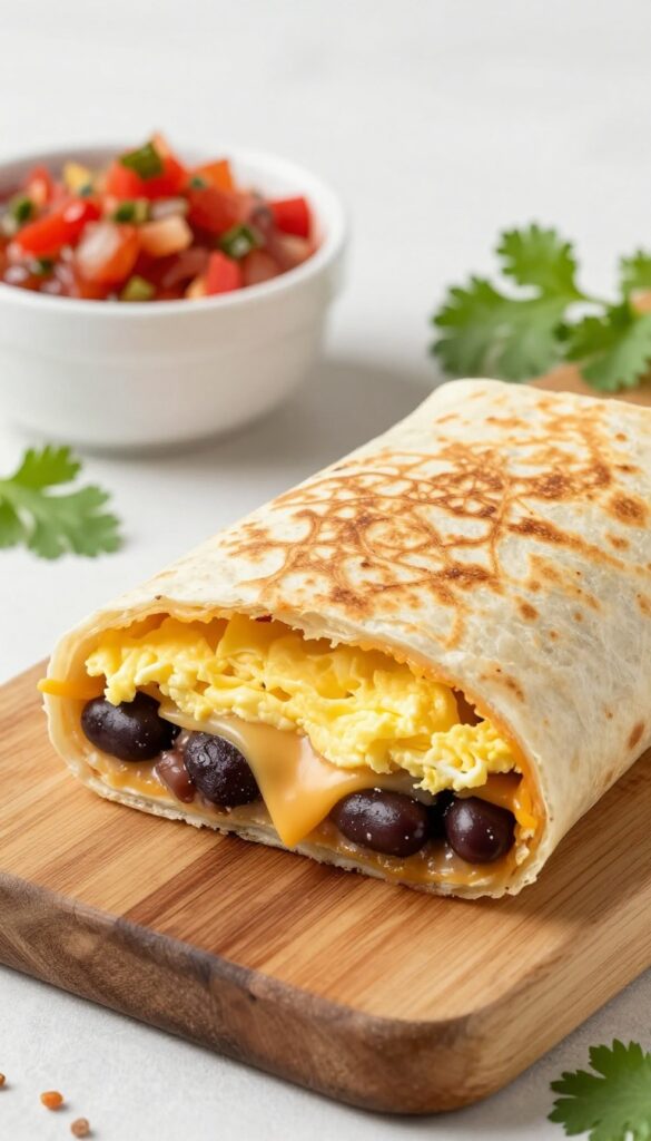 Breakfast burrito cut in half on a wooden board with salsa and cilantro