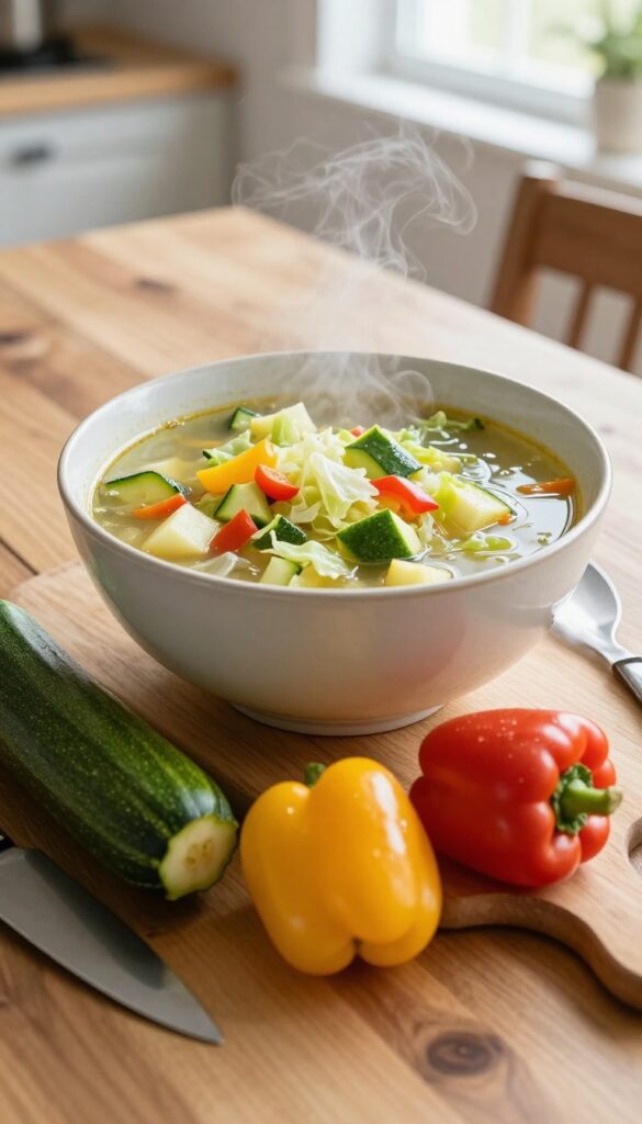 Steaming cabbage soup with zucchini and bell peppers in a ceramic bowl on a wooden table