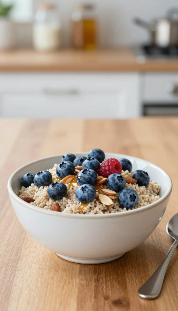 Quinoa breakfast bowl with berries, almonds, and honey on a wooden table