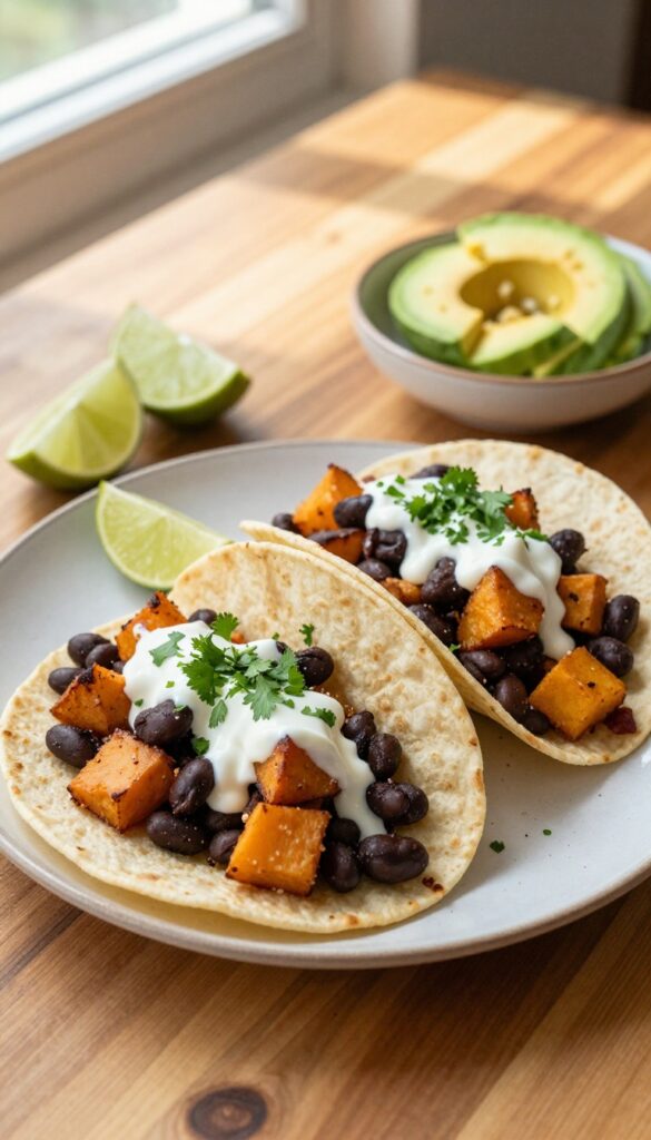 Two breakfast tacos with sweet potato, black beans, crema, and cilantro on a wooden table with lime wedges and avocado.