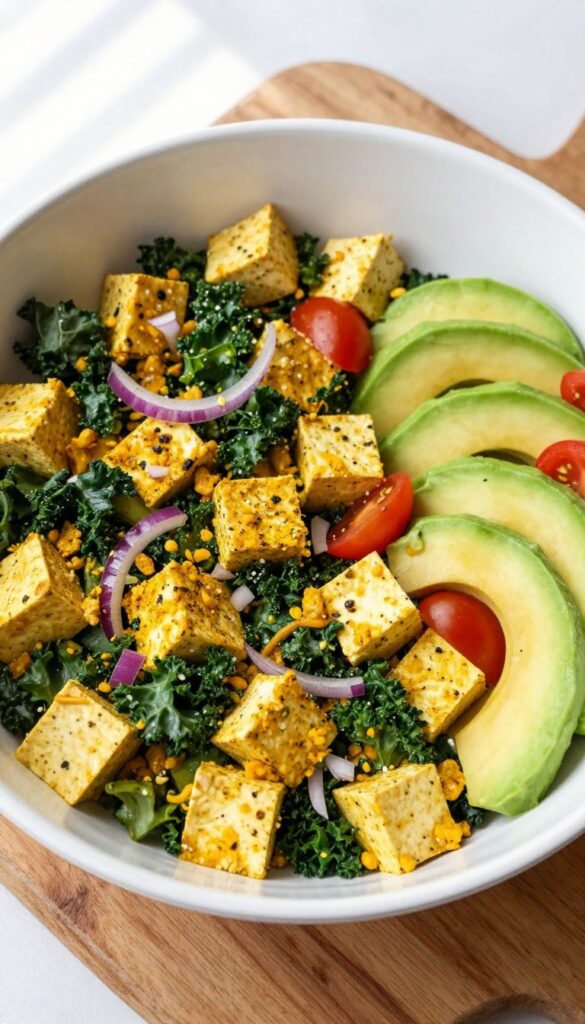 Crispy tofu and kale scramble with avocado and cherry tomatoes in a skillet