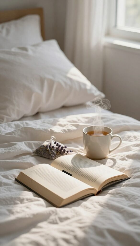 Calming evening ritual with book and tea on nightstand