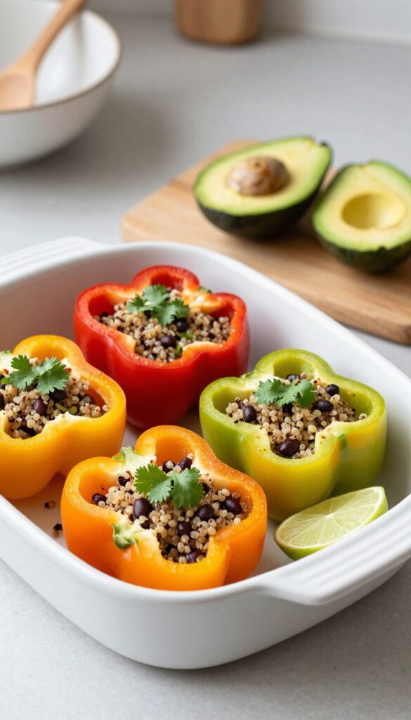 Stuffed bell peppers with quinoa and black bean filling, served with avocado slices and lime