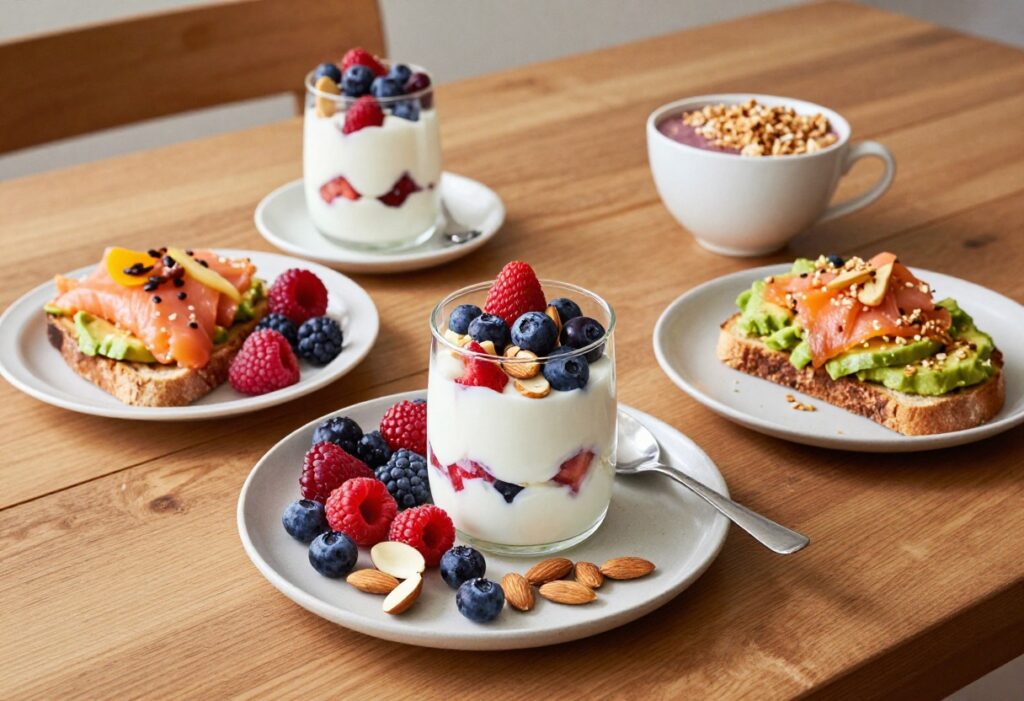 Healthy breakfast spread with yogurt parfait, avocado toast, and smoothie bowl on a wooden table