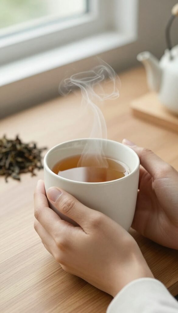 Hands holding a warm mug of herbal tea with steam rising, set on a wooden table with teapot and tea leaves, soft natural light, minimalist decor.