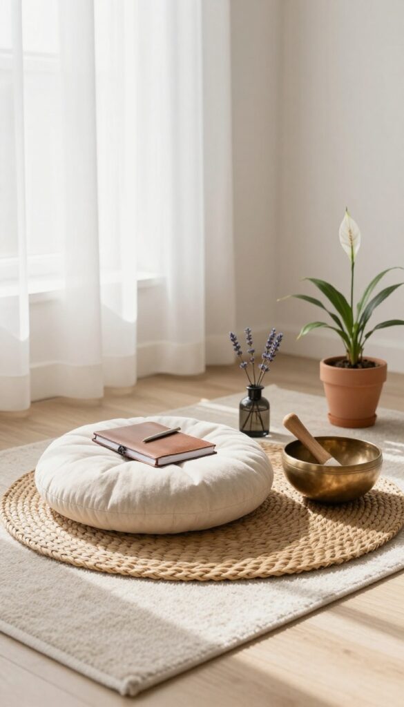 A mindfulness and meditation basket with cushion, journal, oils, singing bowl, and peace lily in a sunlit room.