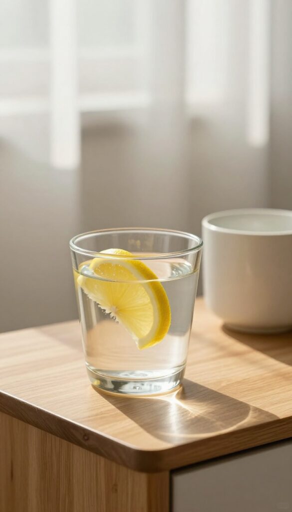Glass of water with lemon on a nightstand in soft morning light