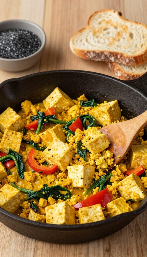 Tofu scramble with turmeric and black salt in a cast iron skillet, with toast and black salt on a wooden table.