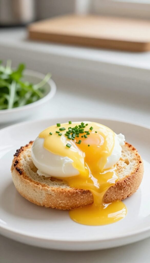 Poached egg with hollandaise on toasted English muffin, garnished with chives