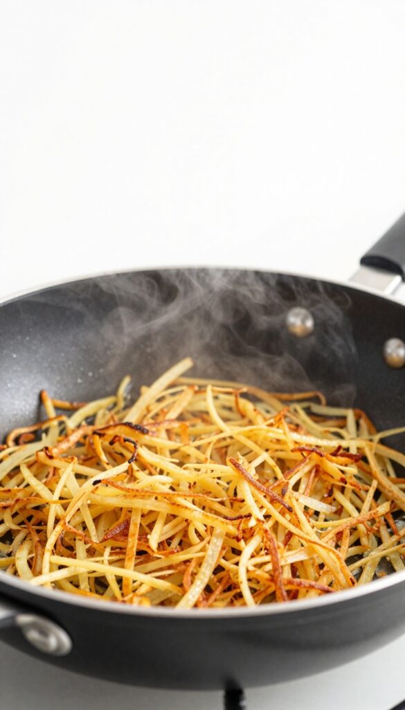 Golden crispy hash browns cooking in a skillet