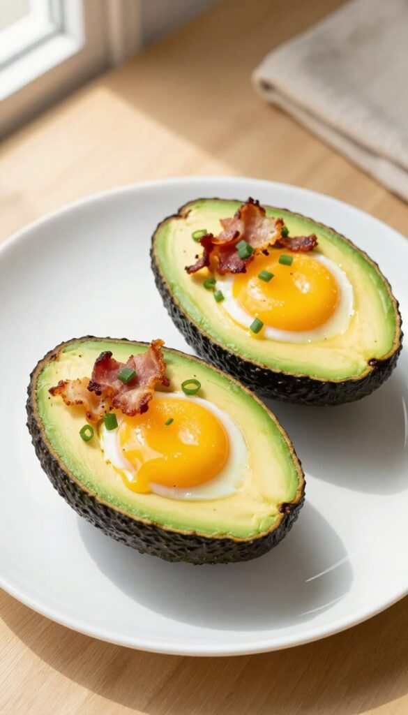 Baked egg and avocado boats topped with bacon and chives on a white plate