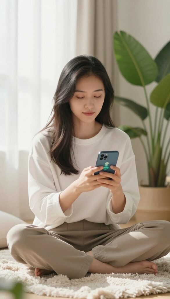Person meditating with a guided meditation app on smartphone in a cozy sunlit room