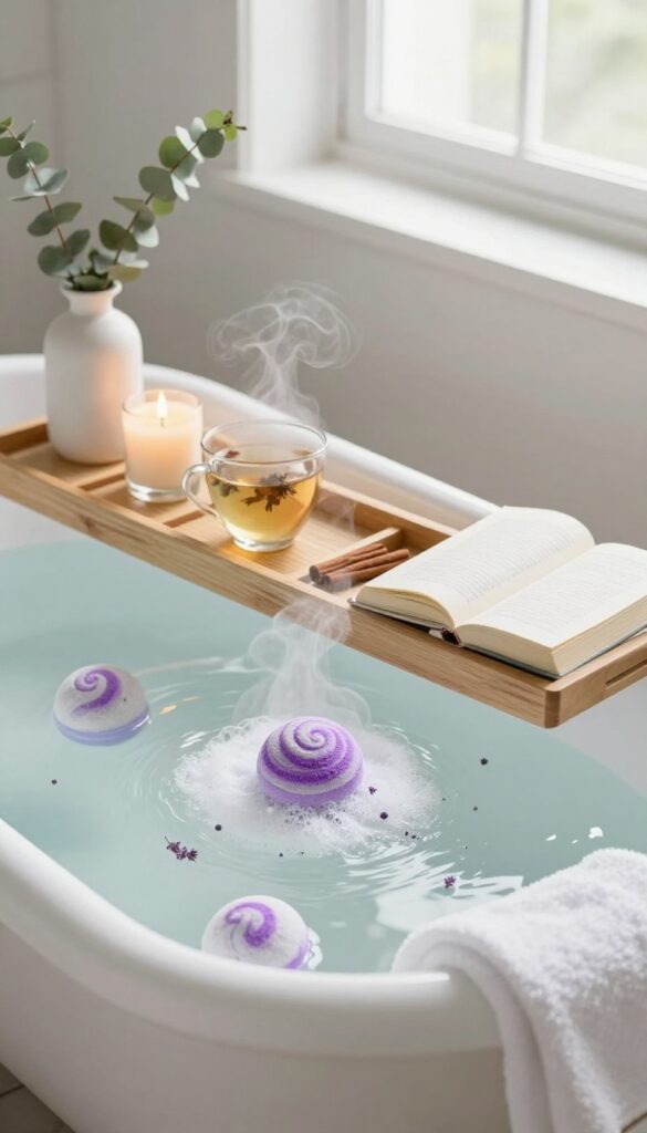Cozy bathroom with a relaxing bath setup including candle, tea, and bath bomb