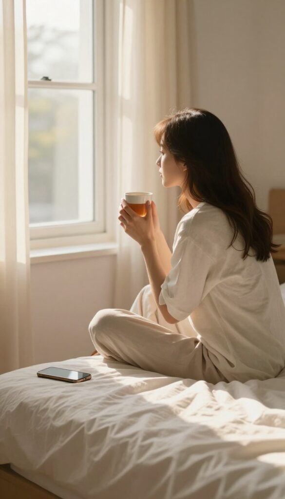 Woman sitting on bed in morning light, drinking water, phone on nightstand, no phone in hand.