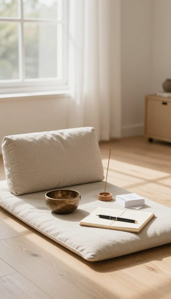 Cozy mindfulness kit with meditation cushion, singing bowl, journal, and incense in a sunlit corner