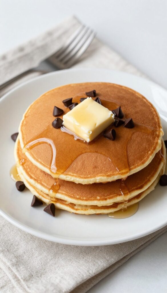 Stack of chocolate chip pancakes with butter and maple syrup on a plate
