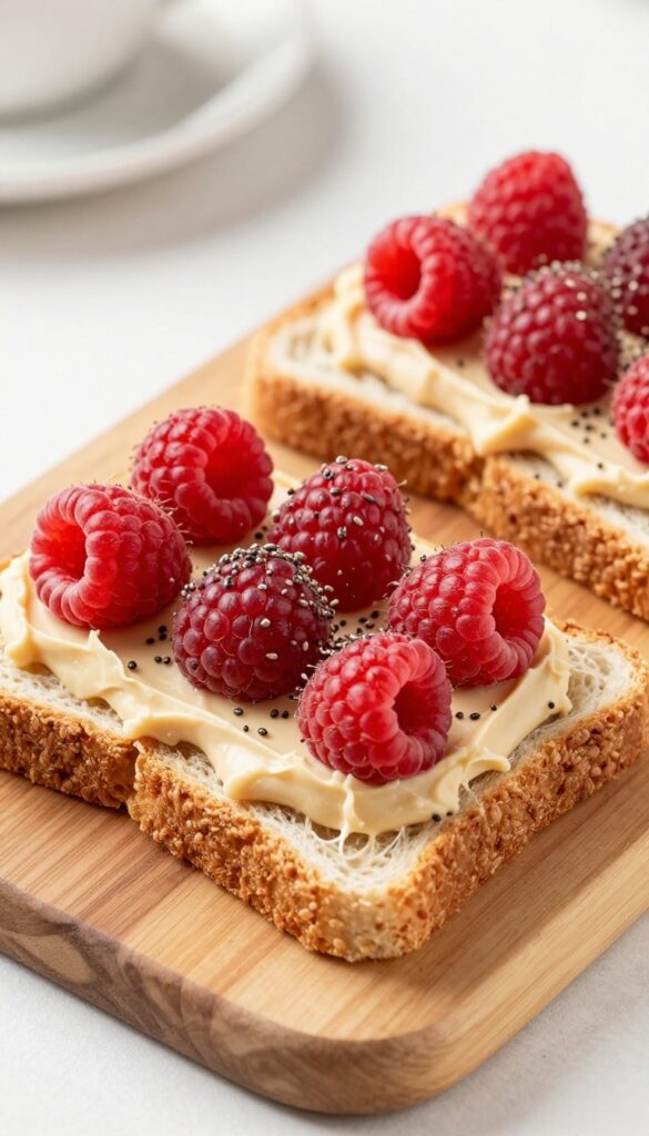 Almond butter and raspberry toast with chia seeds on a wooden board