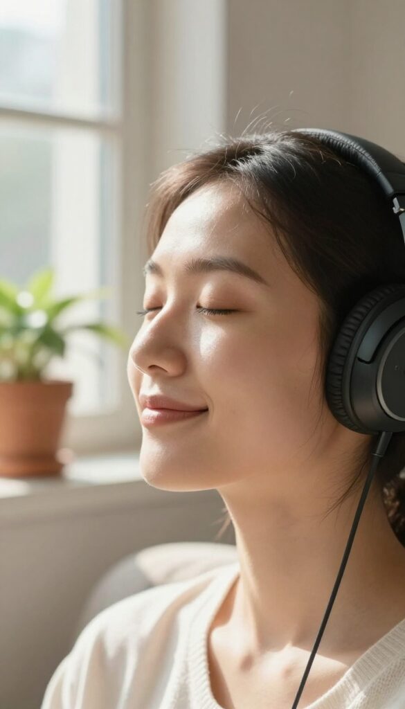 Person listening to music with headphones, eyes closed, smiling softly in warm natural light
