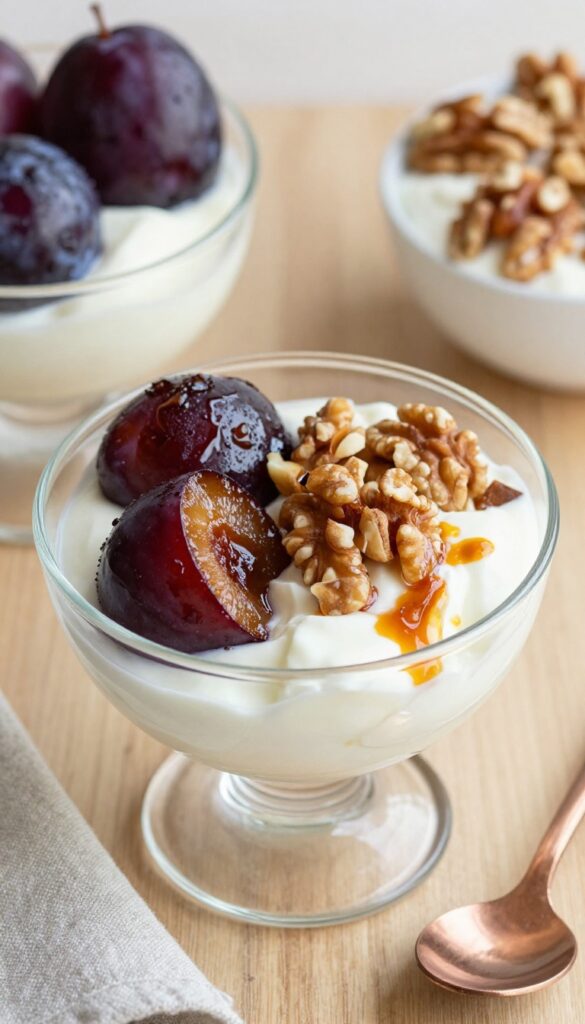 Greek yogurt parfait with roasted plums and nuts in a glass bowl