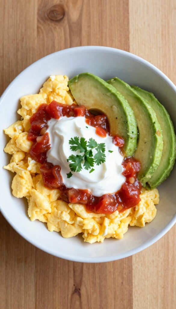 Keto breakfast burrito bowl with eggs, avocado, salsa, and sour cream