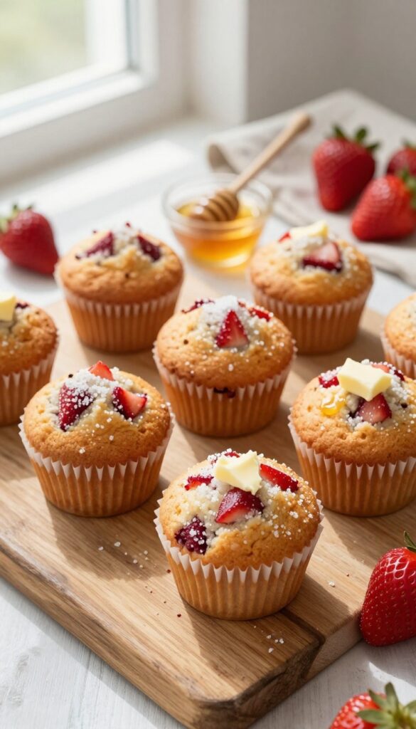 Freshly baked strawberry muffins on a wooden table with butter and honey