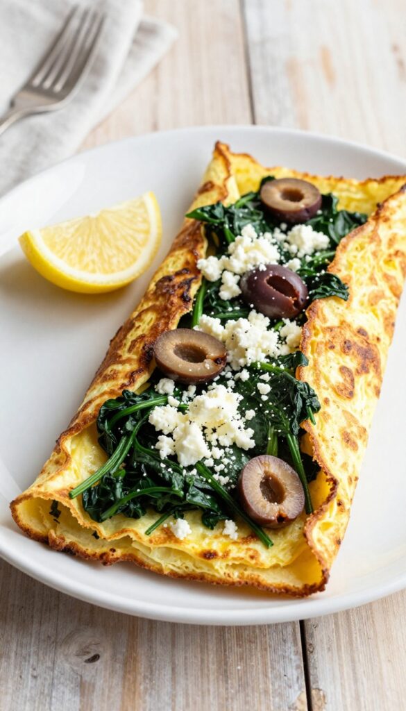 Greek omelet with feta, spinach, and olives on a plate with lemon wedge