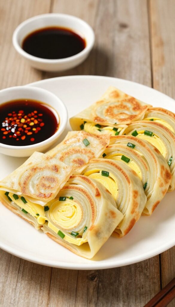 Taiwanese dan bing egg crepe rolls on a plate with soy sauce and chili oil dip