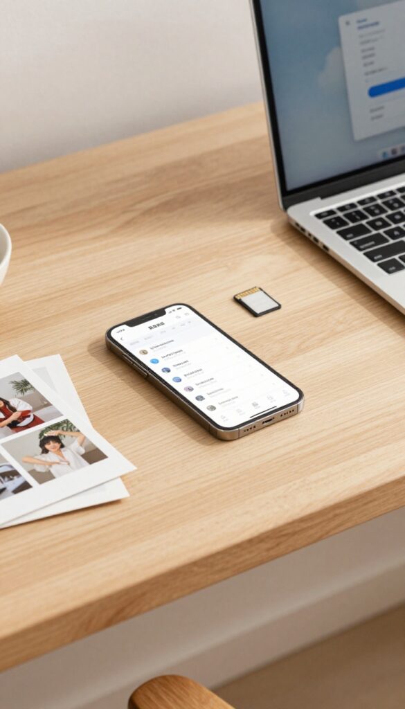 Organizing digital photos on a phone and laptop with printed photos on a desk