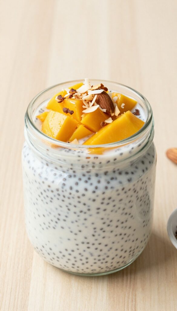 Chia pudding with coconut milk topped with mango, coconut flakes, and almonds in a glass jar on a wooden table