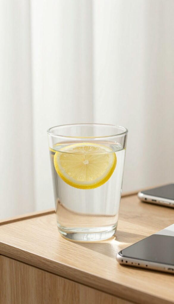 A glass of water with lemon on a nightstand in bright morning light