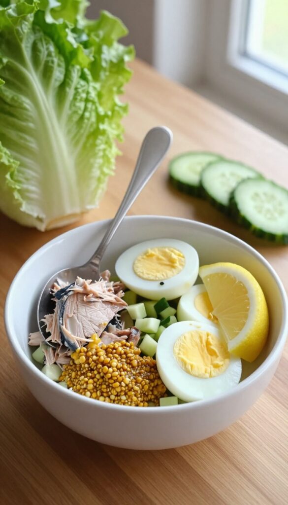 Egg and tuna salad in a bowl with lettuce cups and cucumber slices