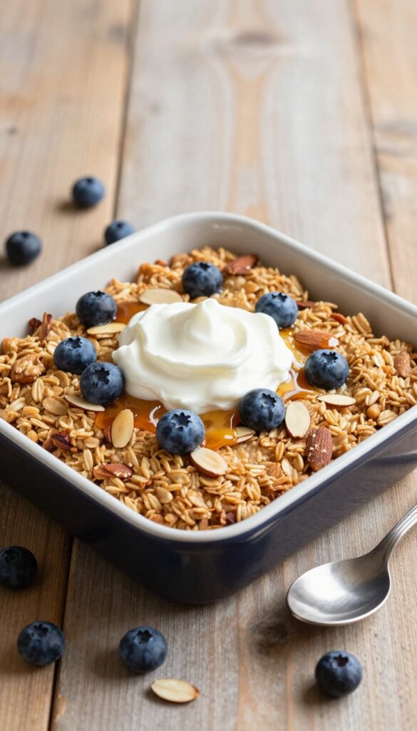 Blueberry almond baked oatmeal in a baking dish with maple syrup and Greek yogurt