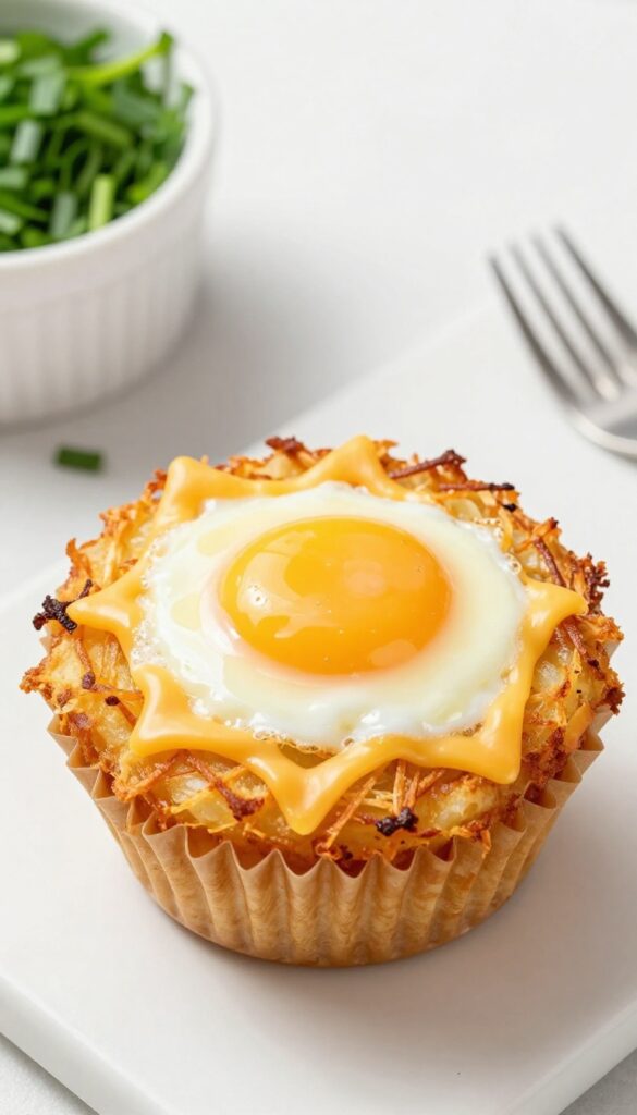 Golden crispy hash brown egg cup with melted cheese and runny yolk