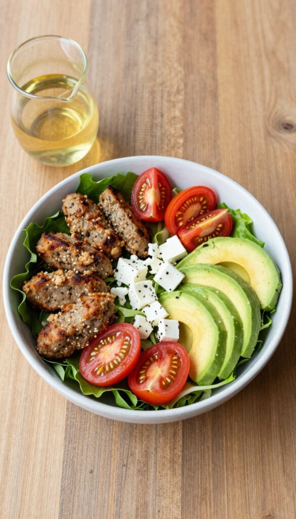 Breakfast salad with sausage, avocado, cherry tomatoes, and feta cheese on a wooden table.