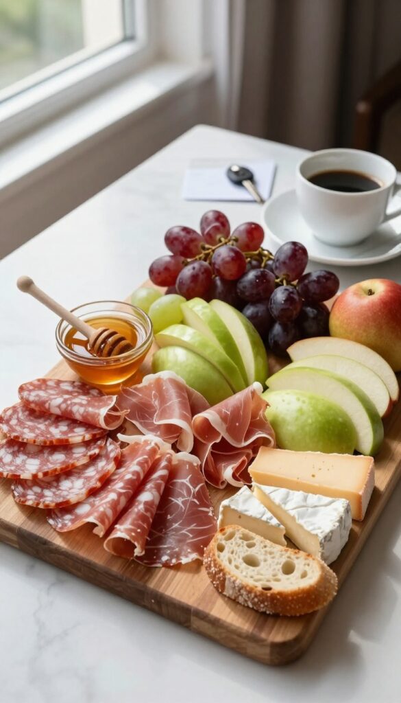Hotel room charcuterie board with meats, cheese, fruit, bread, and honey in natural light